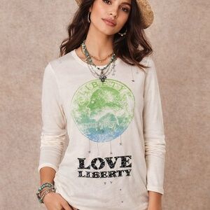 Johnny Was For Love & Liberty Graphic Rhinestone Long Sleeve Tee Ivory Small